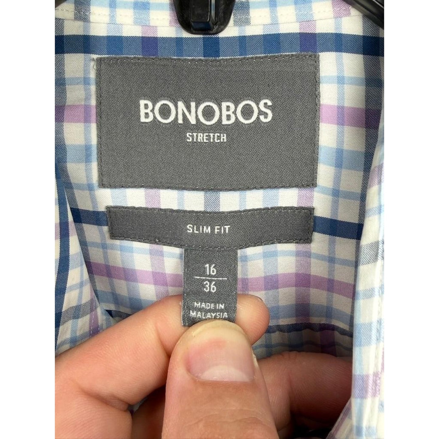 Bonobos Stretch Shirt Mens 16 36 Slim Fit Plaid Long Sleeve Button Up Blue