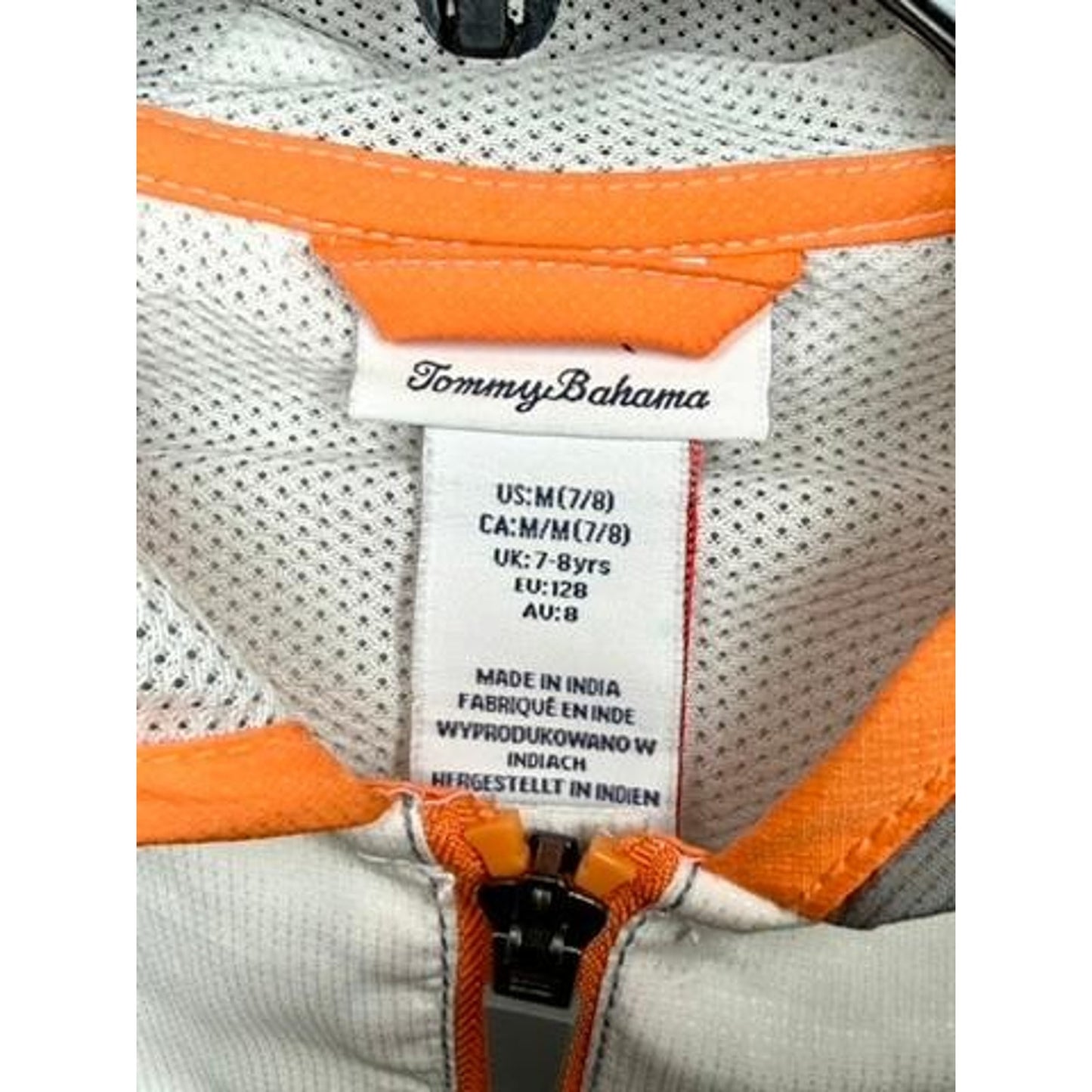 Tommy Bahama Boys Hooded Windbreaker Jacket Size M 7-8 Gray White Orange Zip