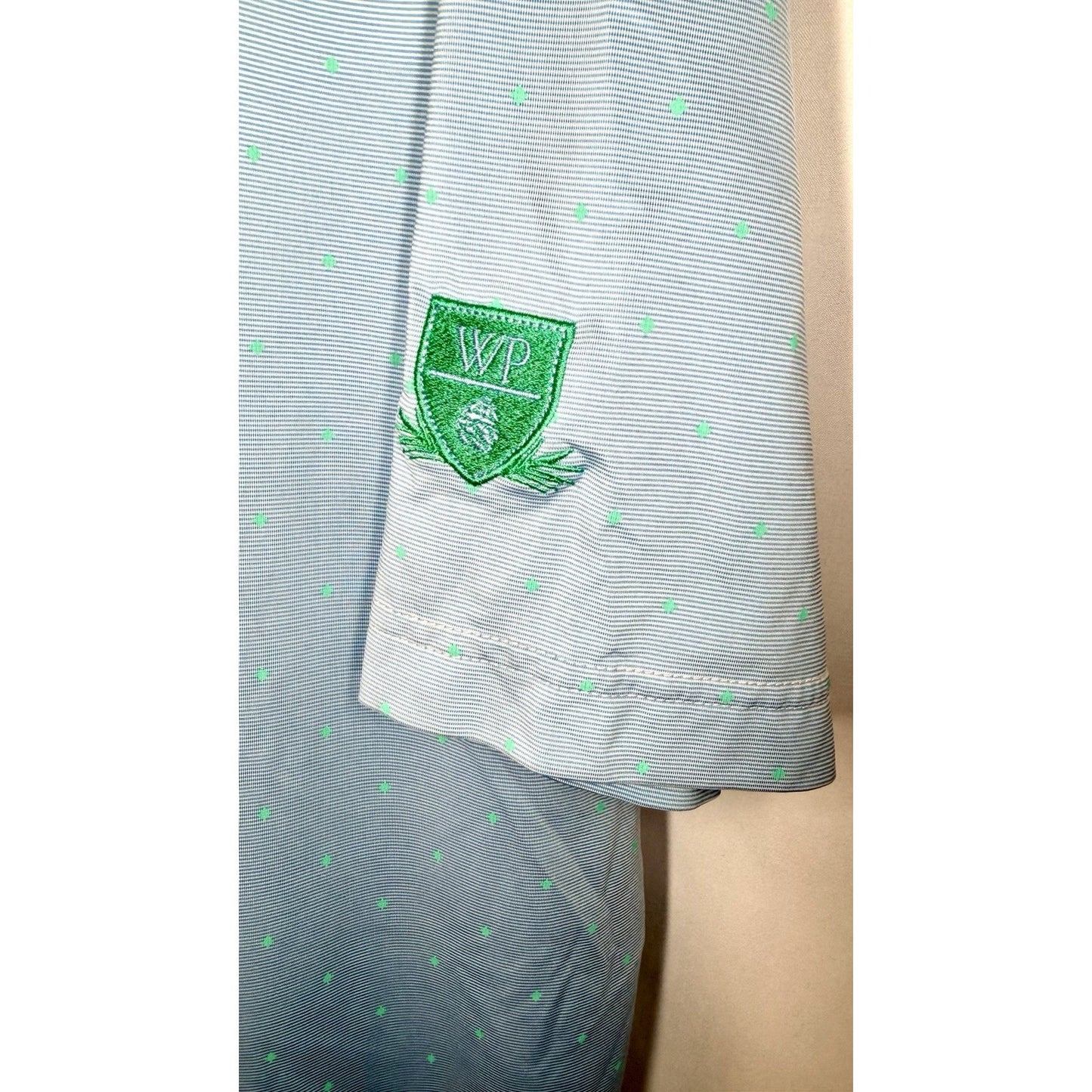 FootJoy FJ Polo Blue With Green Polka Dots WP Golf Course Crest Men’s Shirt L