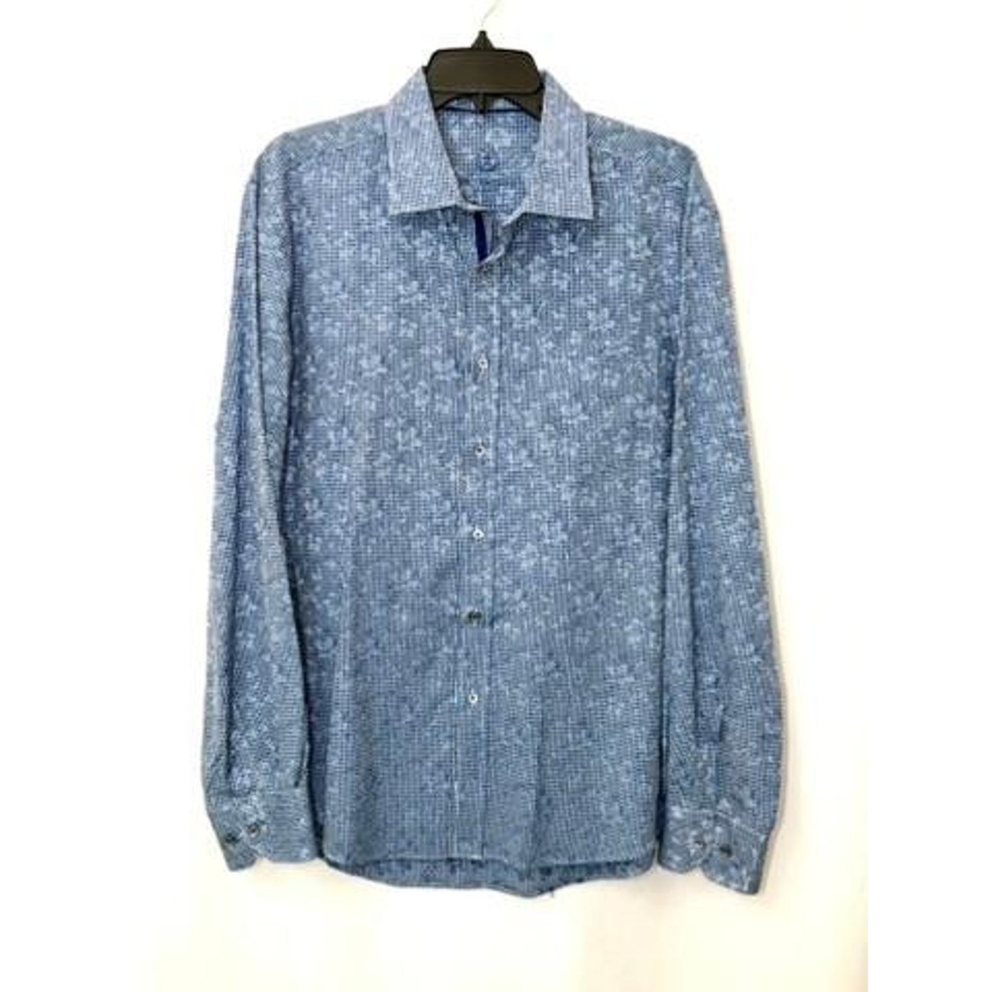 Bugatchi Uomo Shirt Mens Large Blue Gingham Floral Long Sleeve Shaped Fit Cotton