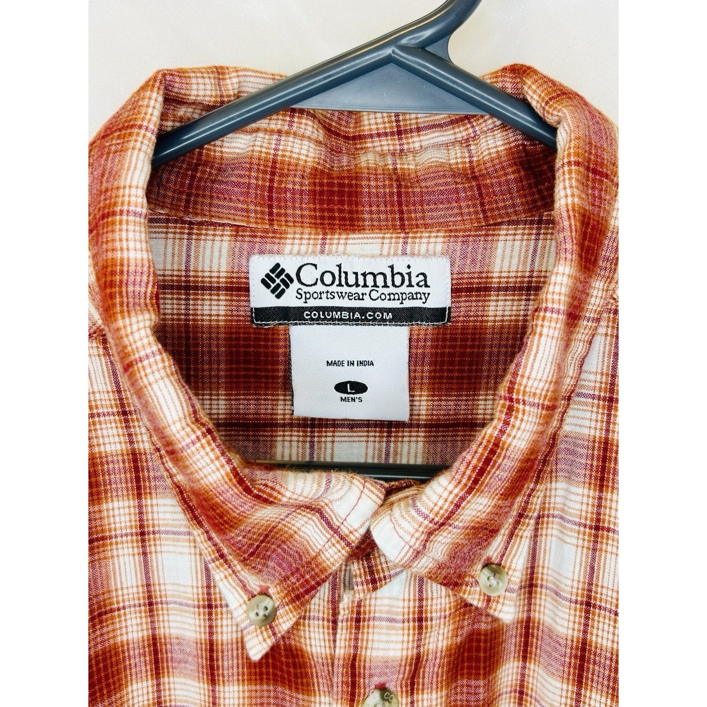 Columbia Plaid Button Up Shirt Short Sleeve Outdoor Casual Red White Large