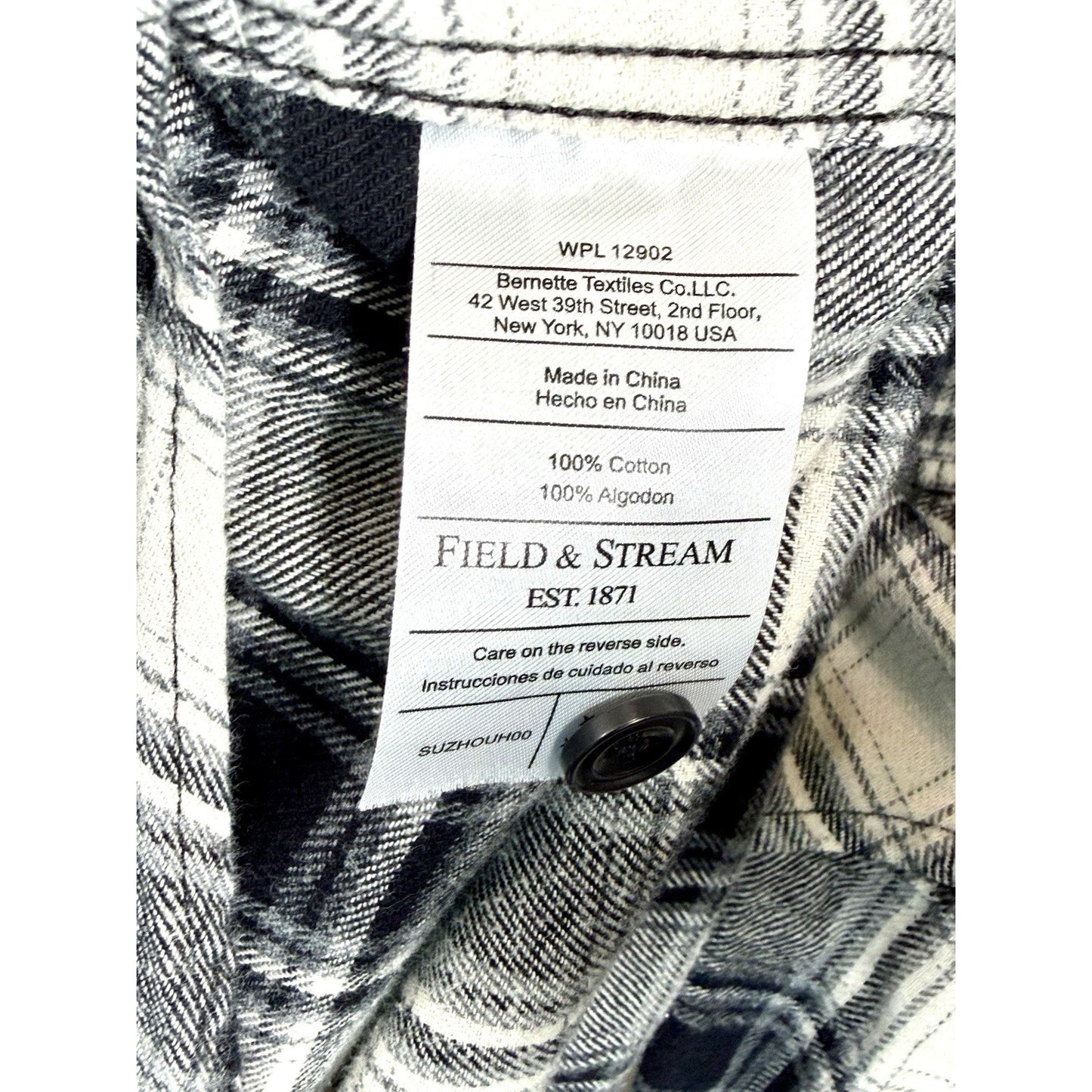 FIELD & STREAM Mens XL Flannel Shirt Black White Plaid Long Sleeve Heavyweight