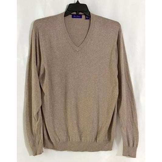 Alan Flusser Sweater Mens Large Beige V-Neck Cotton Blend Knit Pullover