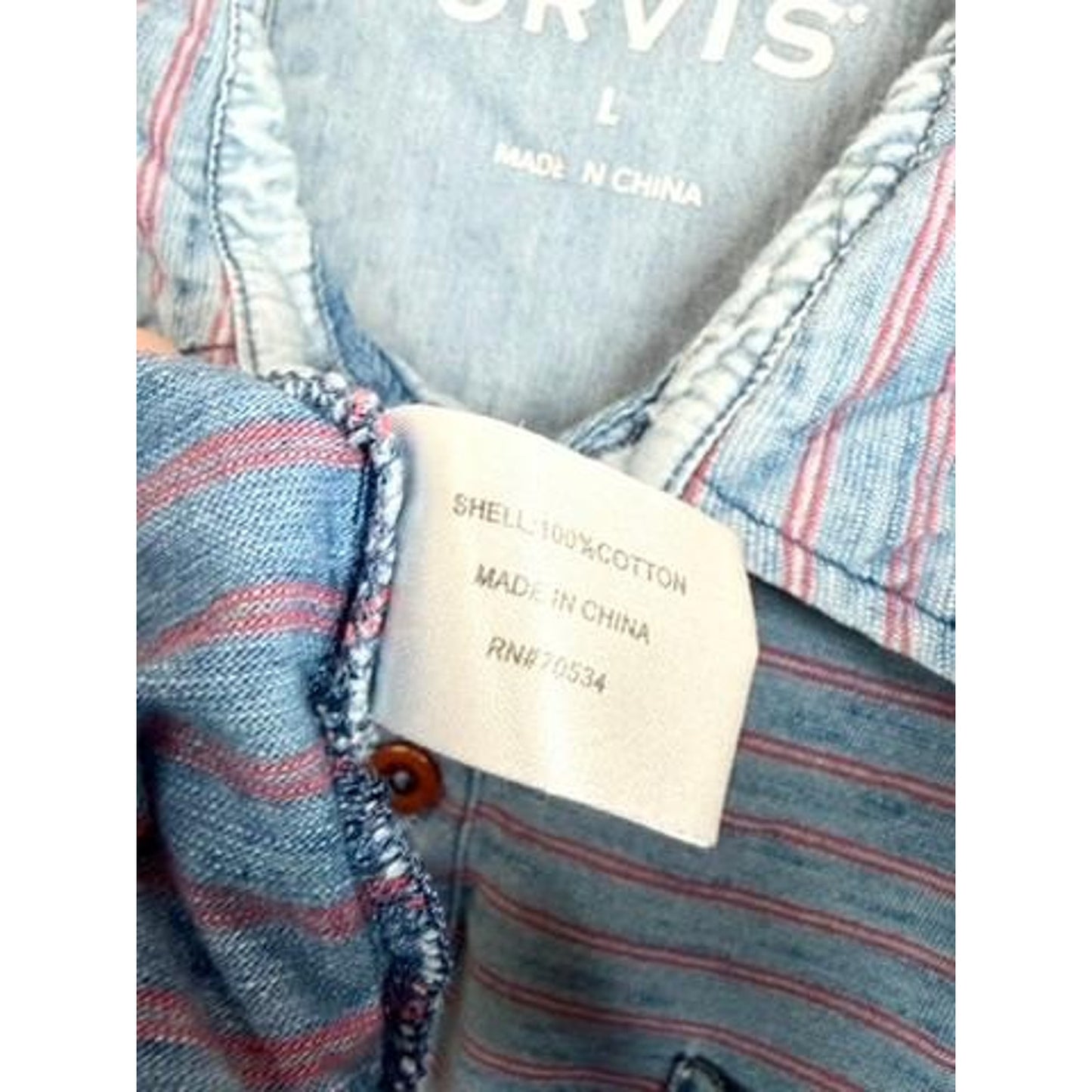 Orvis Shirt Mens Large Blue Red Striped Short Sleeve Cotton Polo Henley Pocket