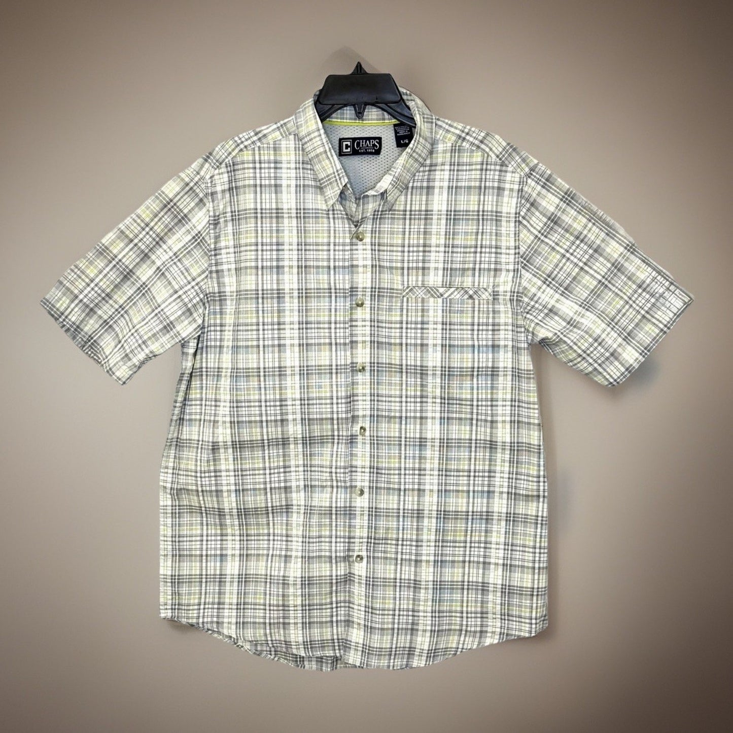 Chaps Shirt Mens Large Button Down Shirt Short Sleeve Grey Easy Care