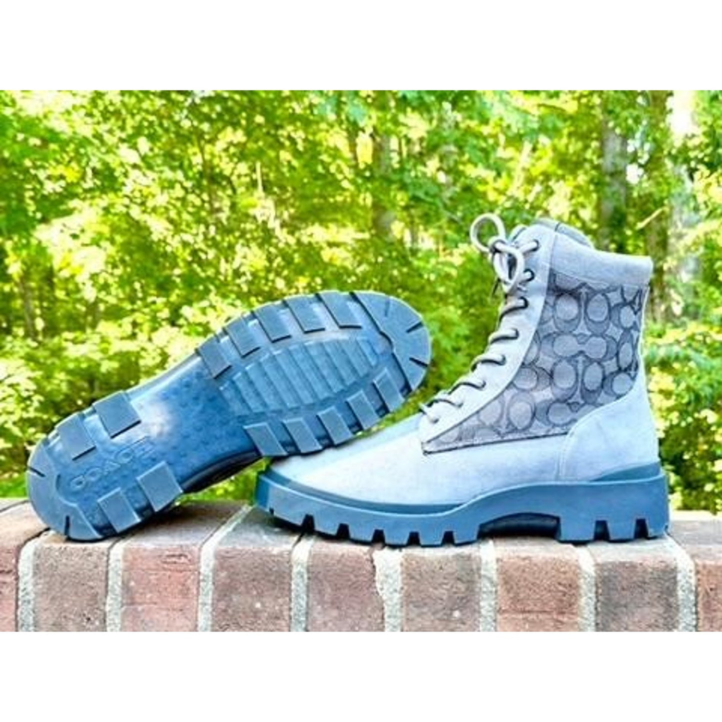 Coach Women Blue Suede Signature Canvas Combat Boots Lace Up Side Zip Lug Sole