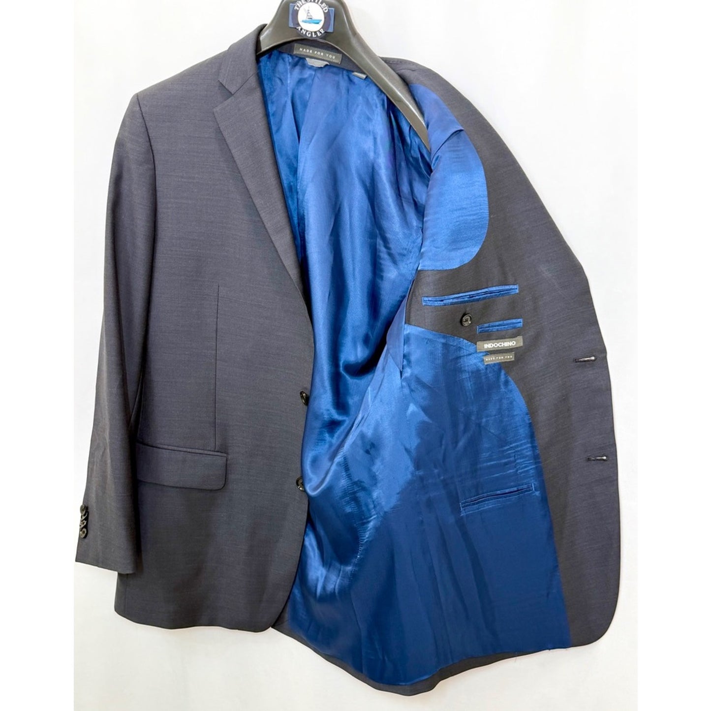 Indochino Mens Custom Suit Jacket Blazer Gray Blue Lining Two Button