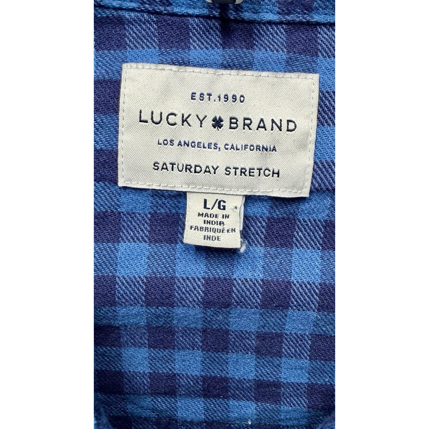 Lucky Brand Saturday Stretch Blue Plaid Men’s Large Pearl Snap Flannel Shirt