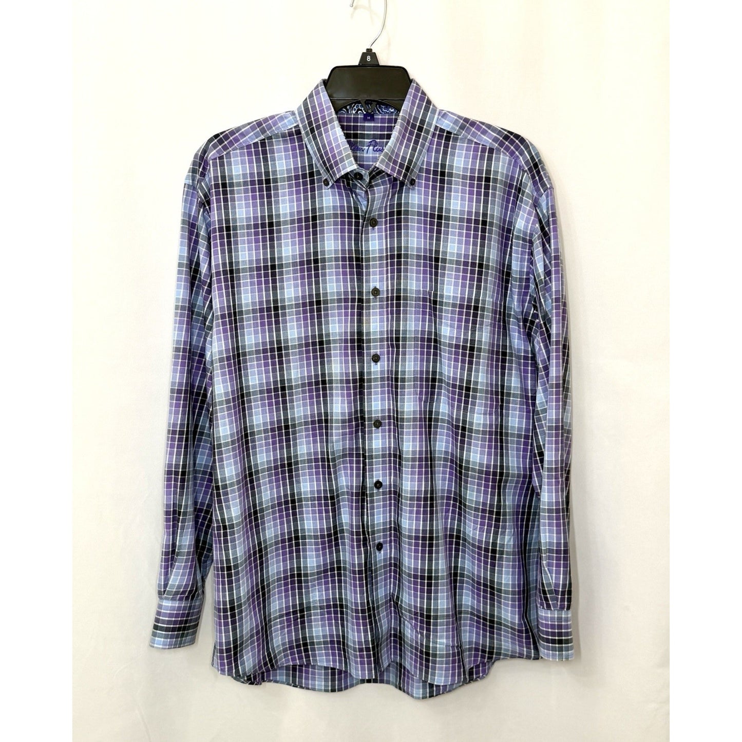 Alan Flusser Mens Medium M Purple Plaid Paisley Trim LS Button Front Sport Shirt