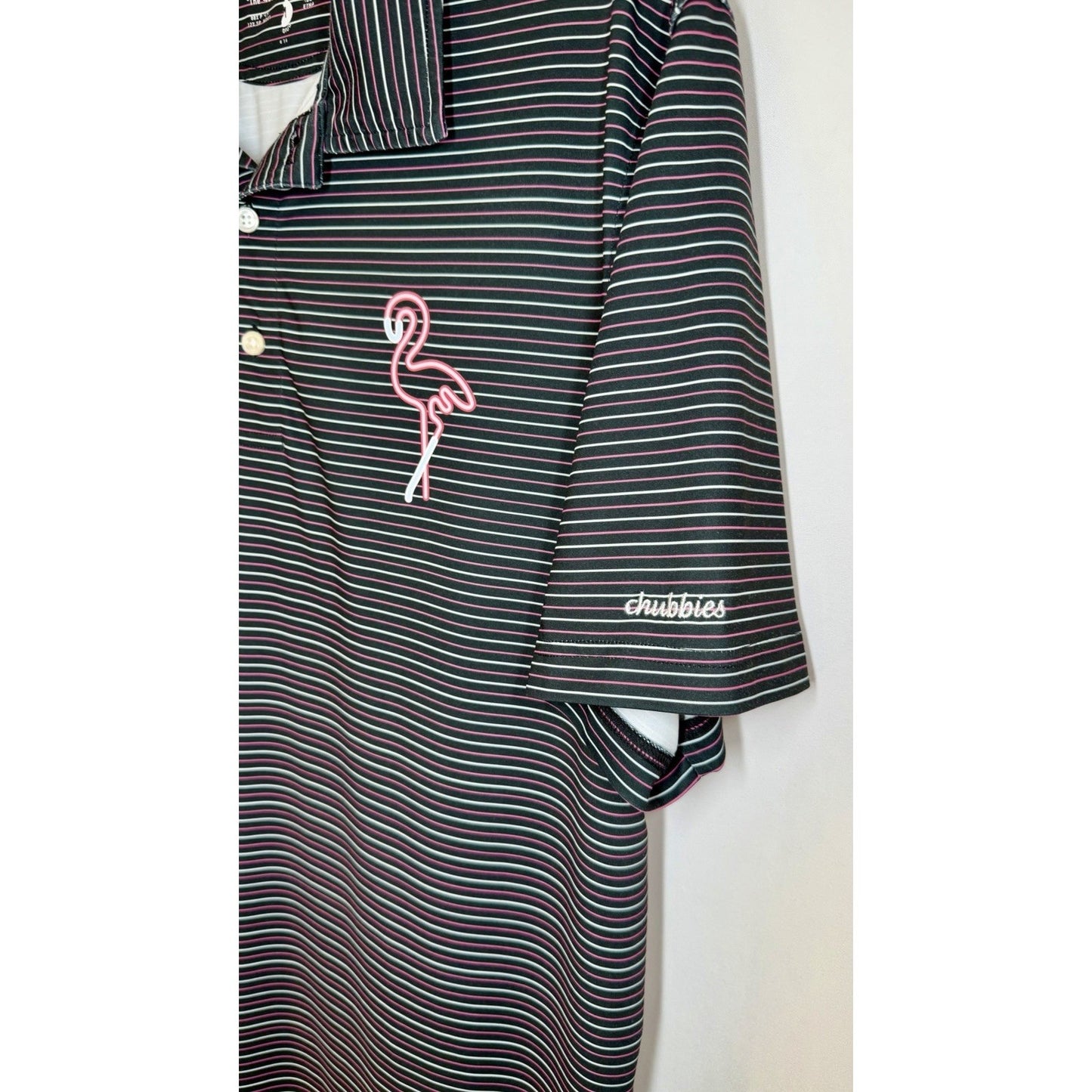 Chubbies Performance Golf Polo Shirt Navy Blue Striped Flamingo Mens M Medium