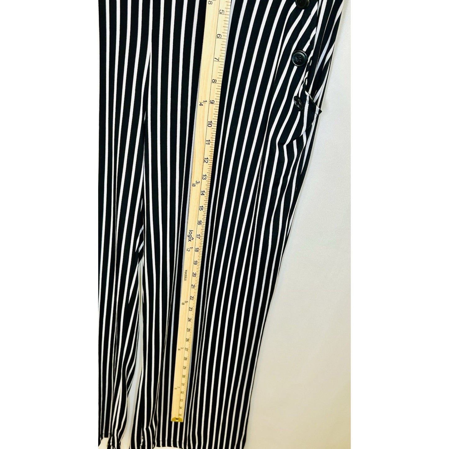 Robert Louis Stretchy Pants White/Black Pen Stripe Size M Pull On Wide Leg