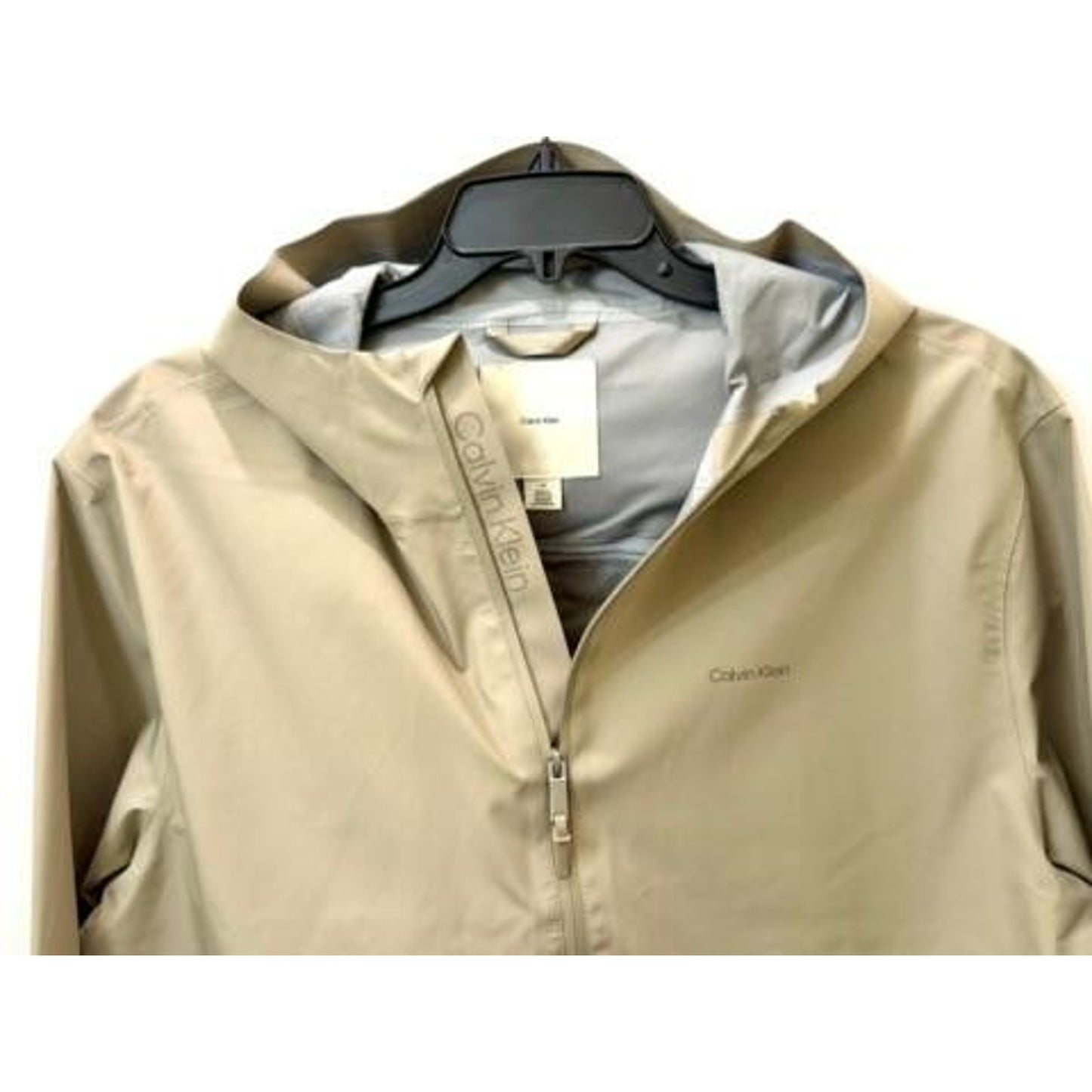 Calvin Klein Mens Large Beige Hooded Windbreaker Jacket Water Resistant Full Zip