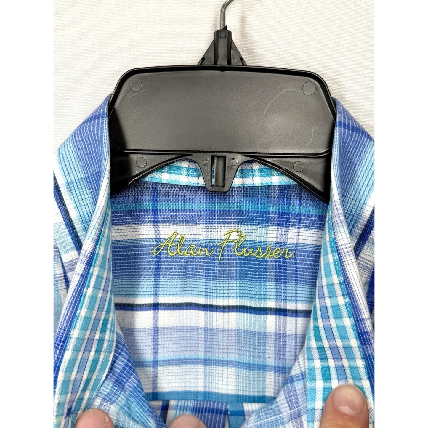 Alan Flusser Men Shirt Medium M Blue Plaid Long Sleeve Button Down Cotton Casual