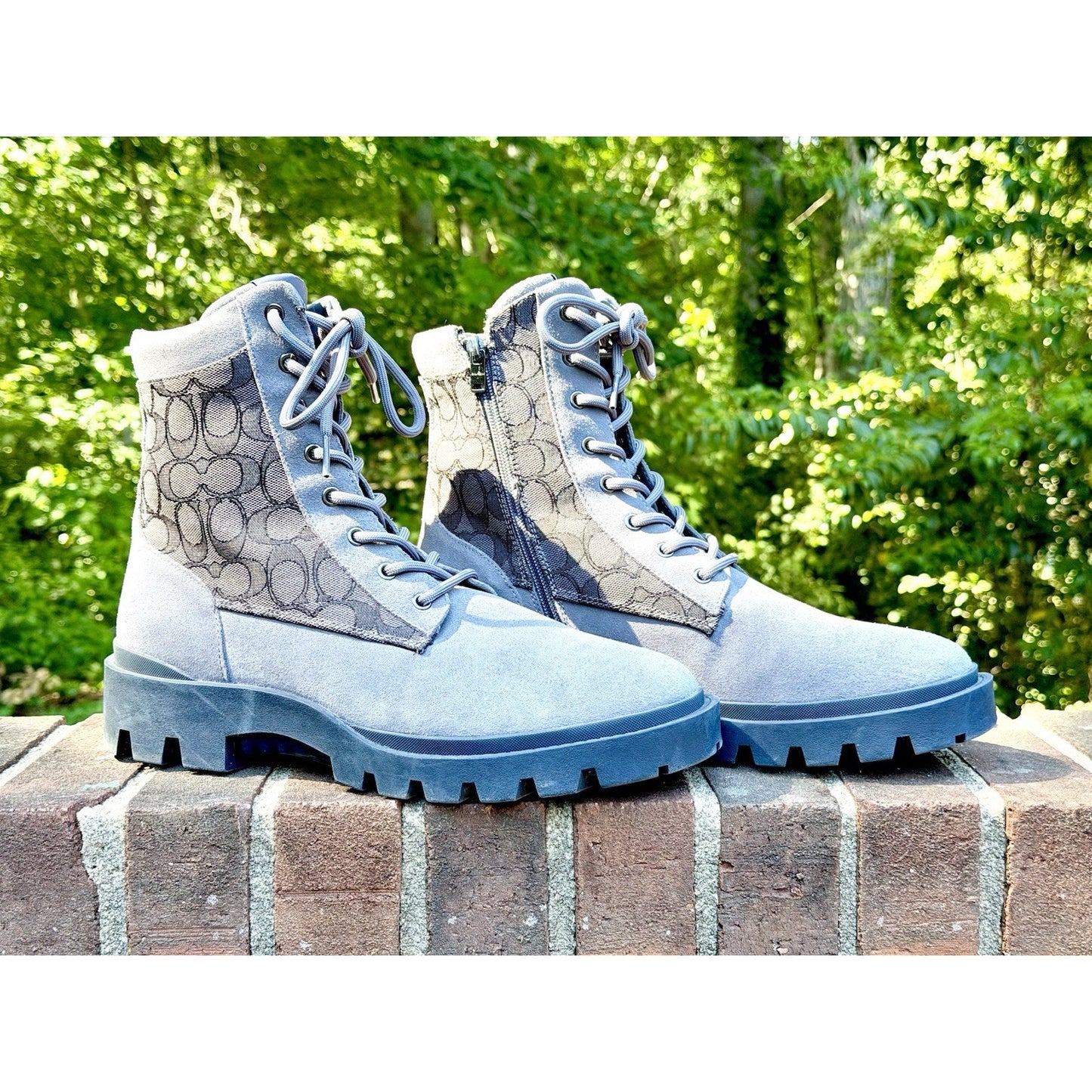 Coach Men’s Blue Suede Signature Canvas Combat Boots Lace Up Side Zip Size 12