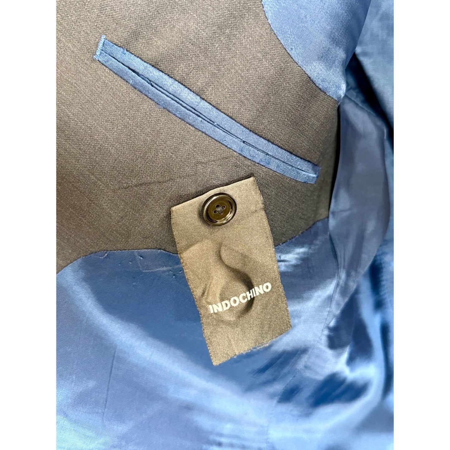Indochino Mens Custom Suit Jacket Blazer Gray Blue Lining Two Button
