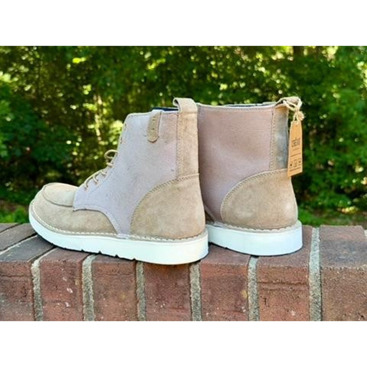 Crevo Mens Size 11.5 Suede Canvas Lace Up Boots Beige Tan Memory Foam Cushioned
