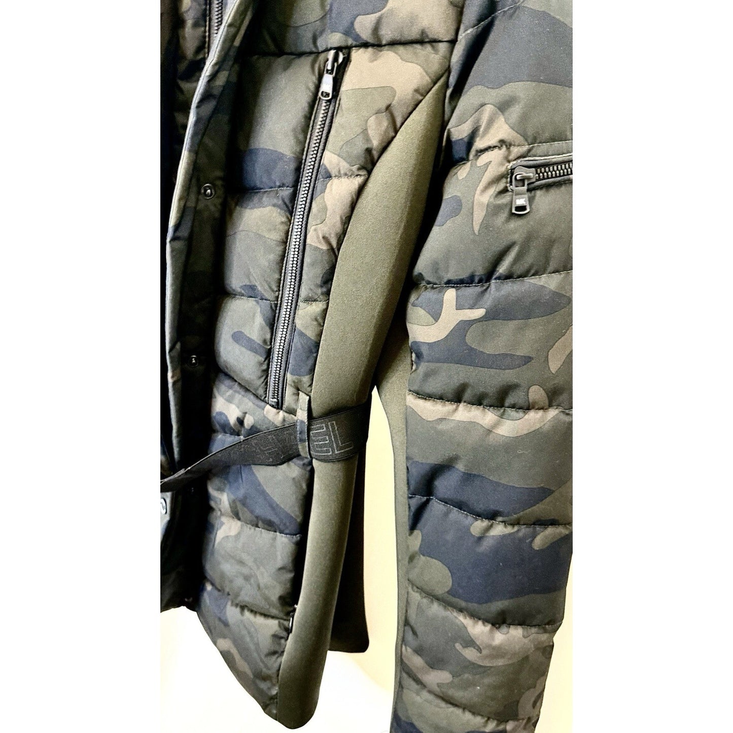 Michael Kors Camo Puffer Faux Fur Trim Hooded Coat Jacket Belted Size Large NWOT