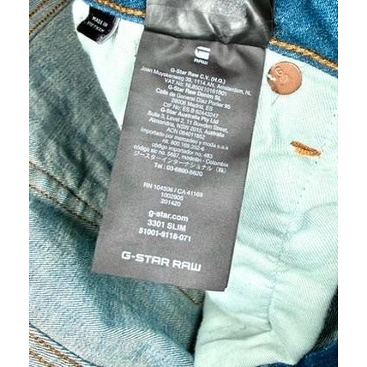 G-Star Raw 3301 Slim Jeans Mens 36x34 Blue Denim Medium Wash Stretch