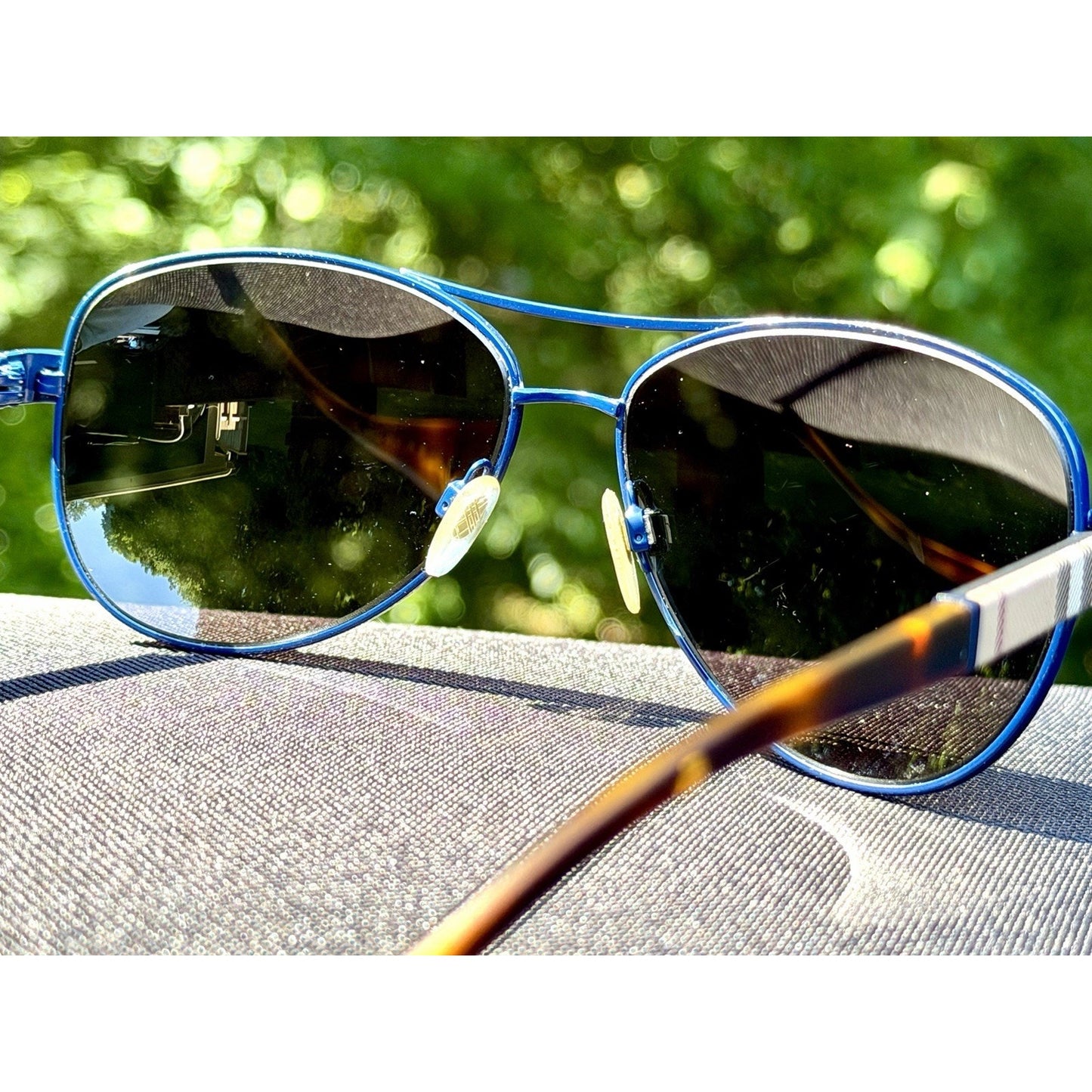 Burberry BE3080 Navy Blue Aviator Sunglasses Check Pattern Temples 59-14-135