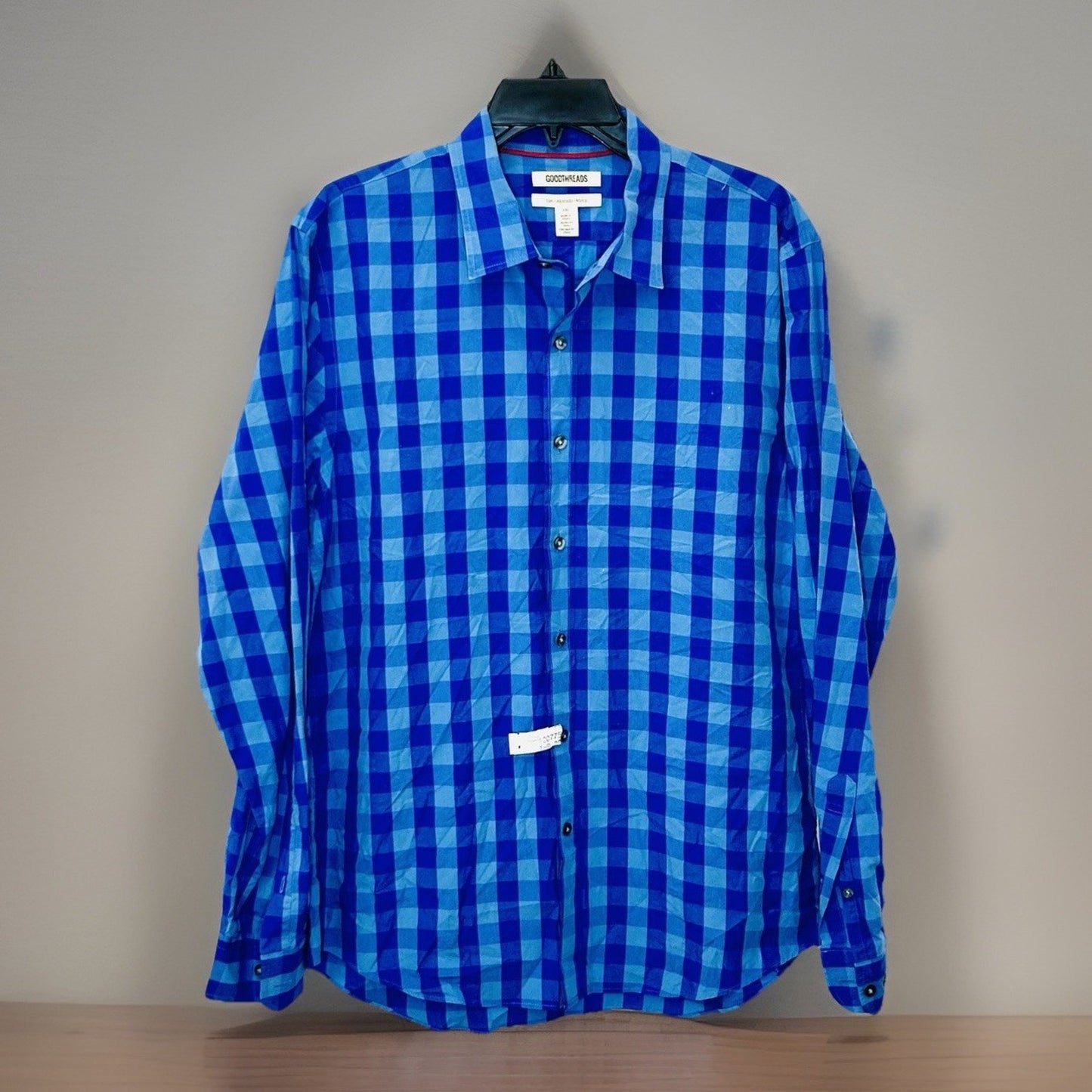 Goodthreads Mens Button Up Shirt Large Blue Checkered Slim Fit Casual Cotton