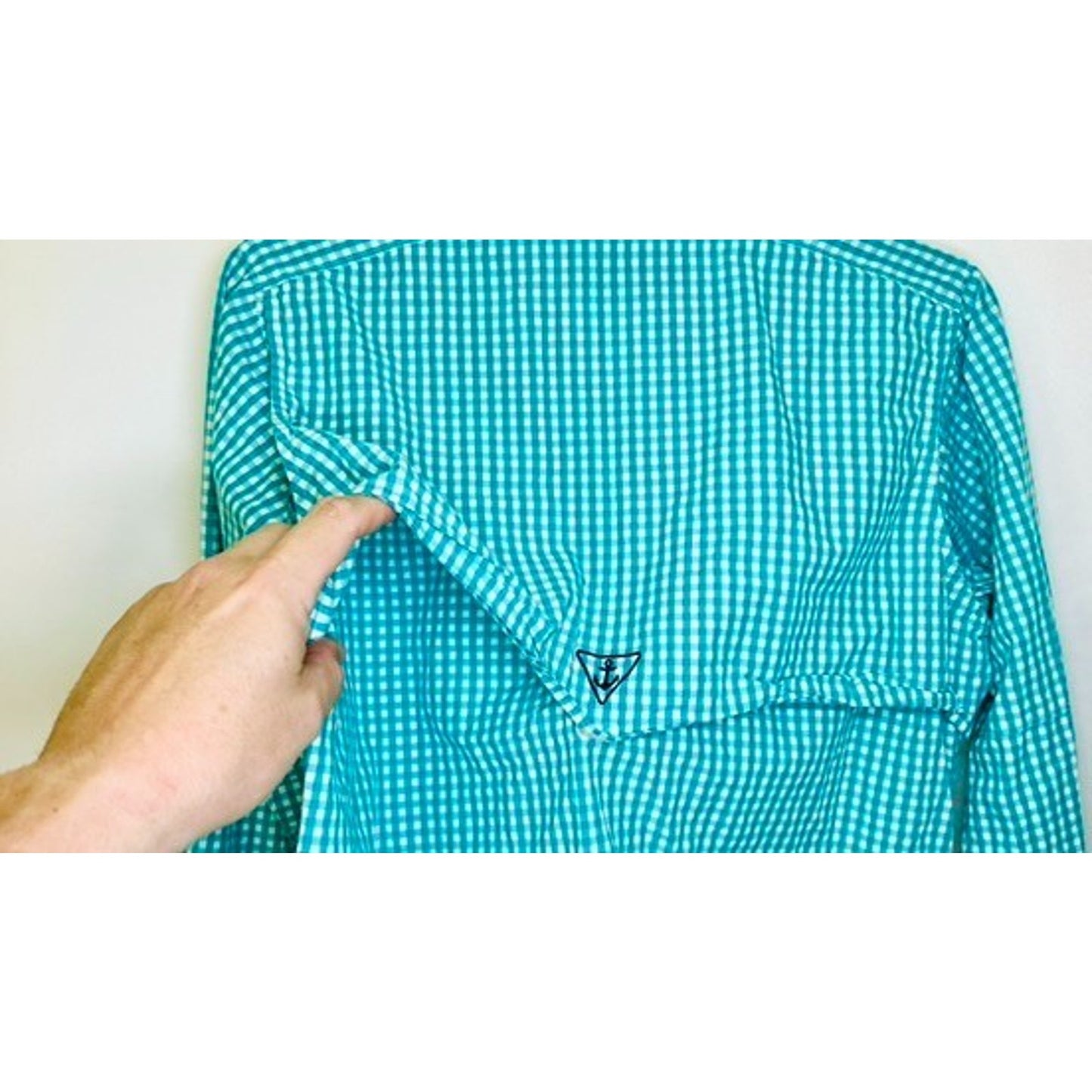 Simply Southern Button Down Shirt Mens Small Teal Green Plaid Logo Collared L/S