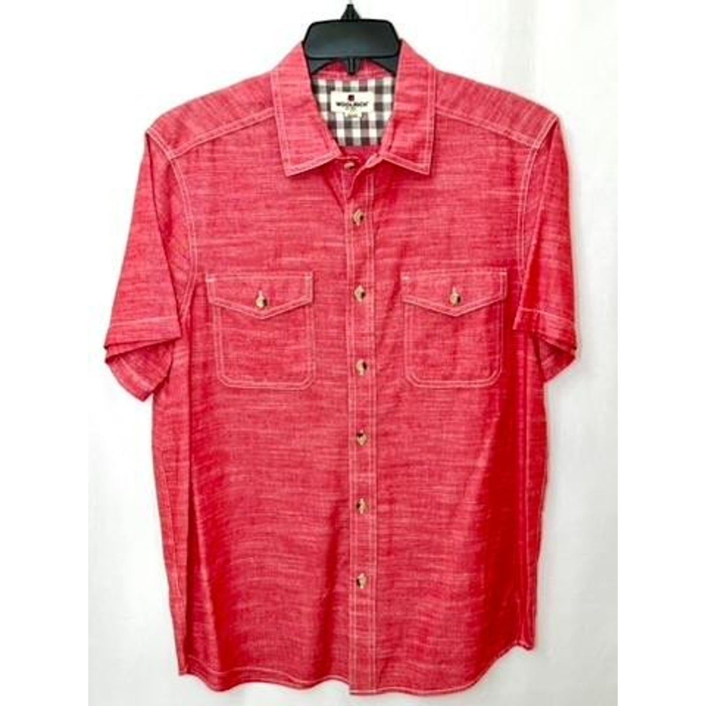 Woolrich Mens Medium Red Cotton Chambray Short Sleeve Button Up Work Shirt