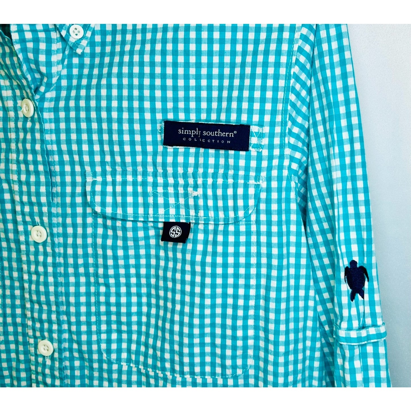 Simply Southern Button Down Shirt Mens Small Teal Green Plaid Logo Collared L/S