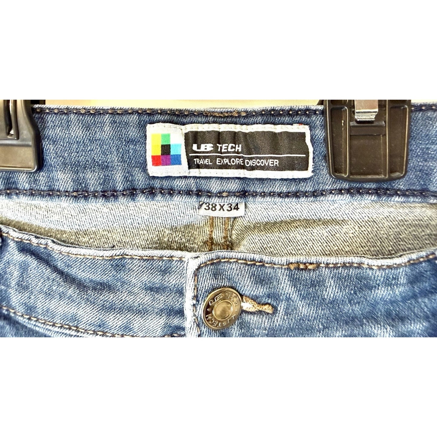 UB Tech Jeans Mens Travel Explore Discover Straight Stretch Denim Blue 38x32