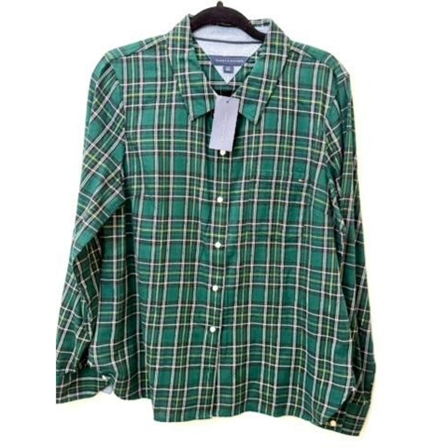 Tommy Hilfiger Plaid Button Up Shirt Womens Large Green Lurex Metallic NWT