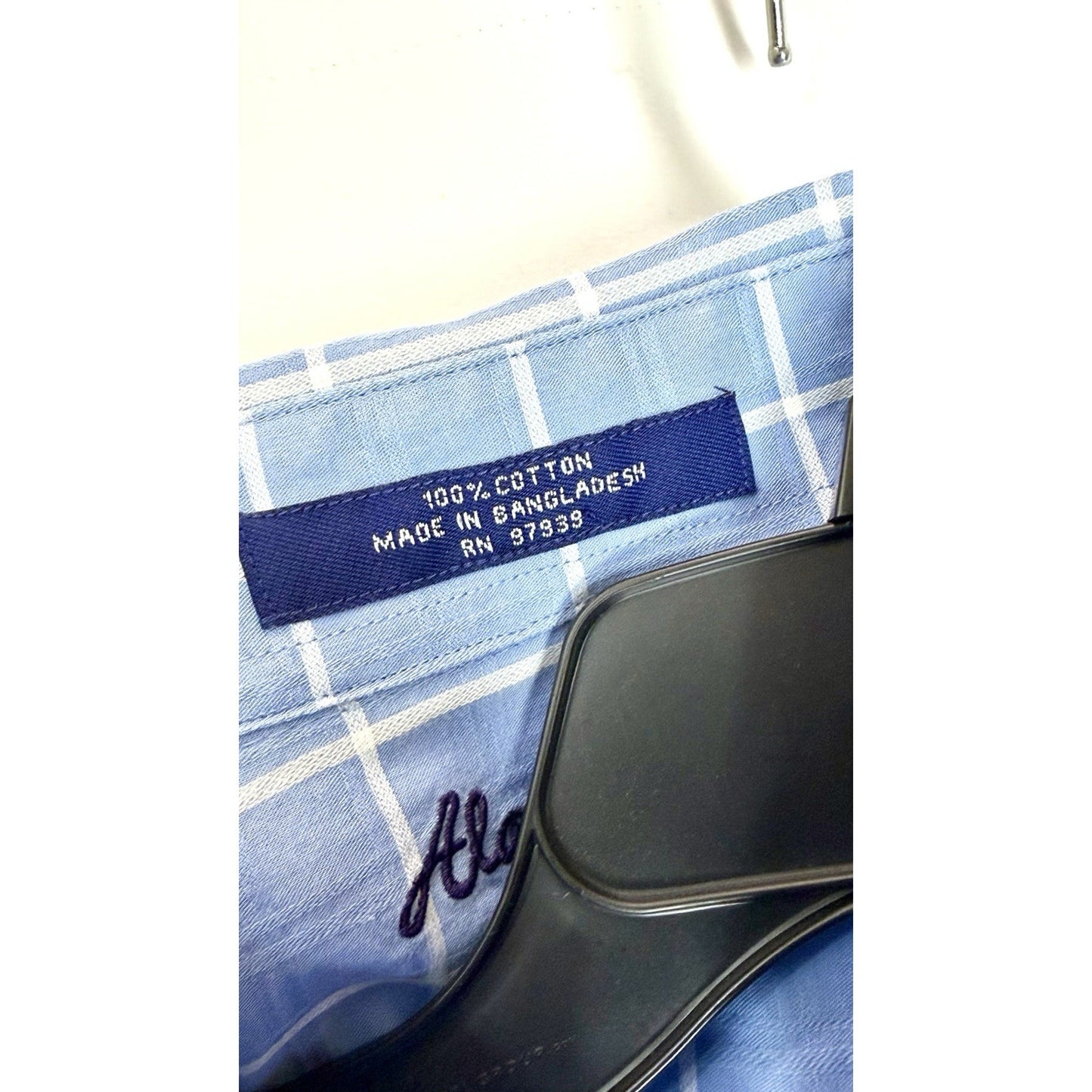 Alan Flusser Men’s Medium Blue Checkered Button Up Mens Shirt Plaid L/S Cotton