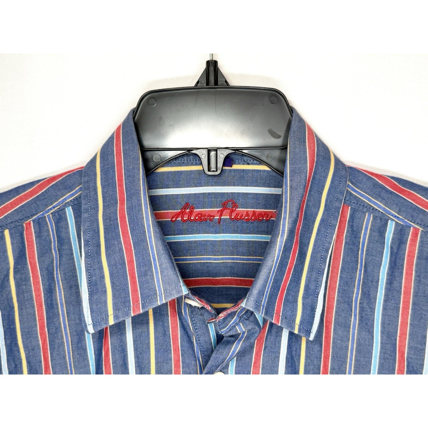 Alan Flusser Mens Medium Striped Button Shirt Blue Red Yellow LS Dress Casual EX