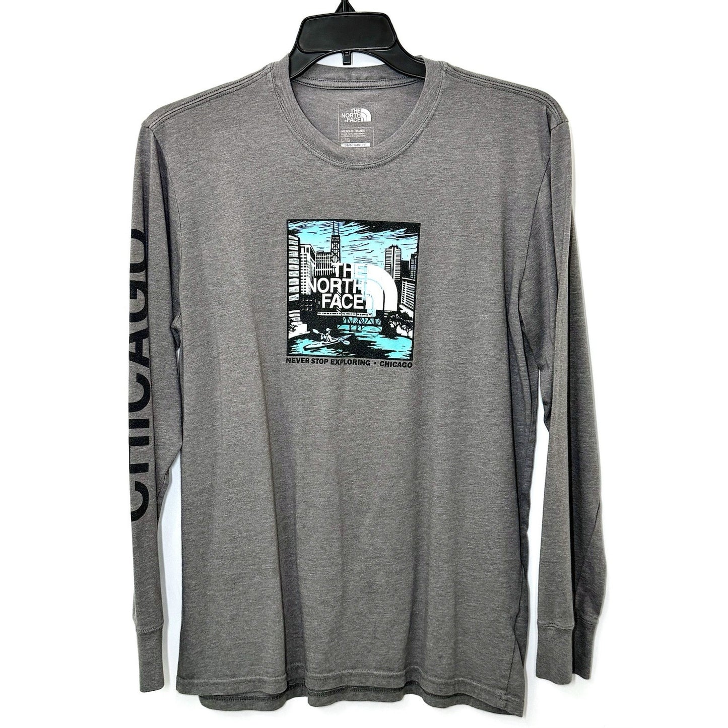 THE NORTH FACE Never Stop Exploring CHICAGO Grey L/S Graphic Tee Size Large RARE