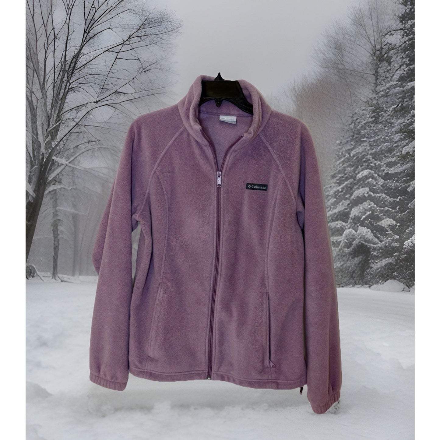 Columbia Women's Gray Polyester Jacket L Full Zip Solid Fleece Pockets Purple