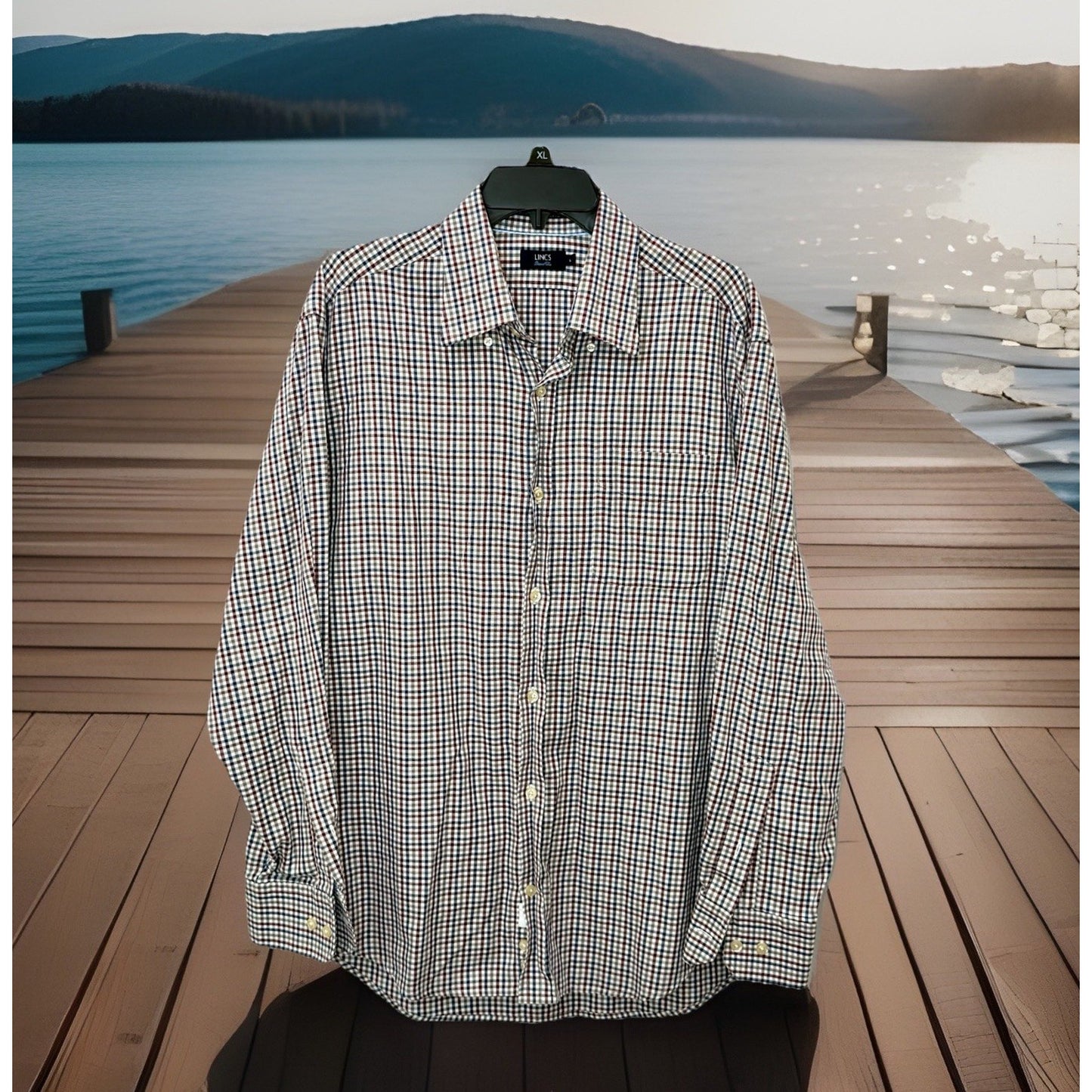 Lincs by David Chu Men’s Large L/S Button Down Shirt Red Blue Plaid Cotton