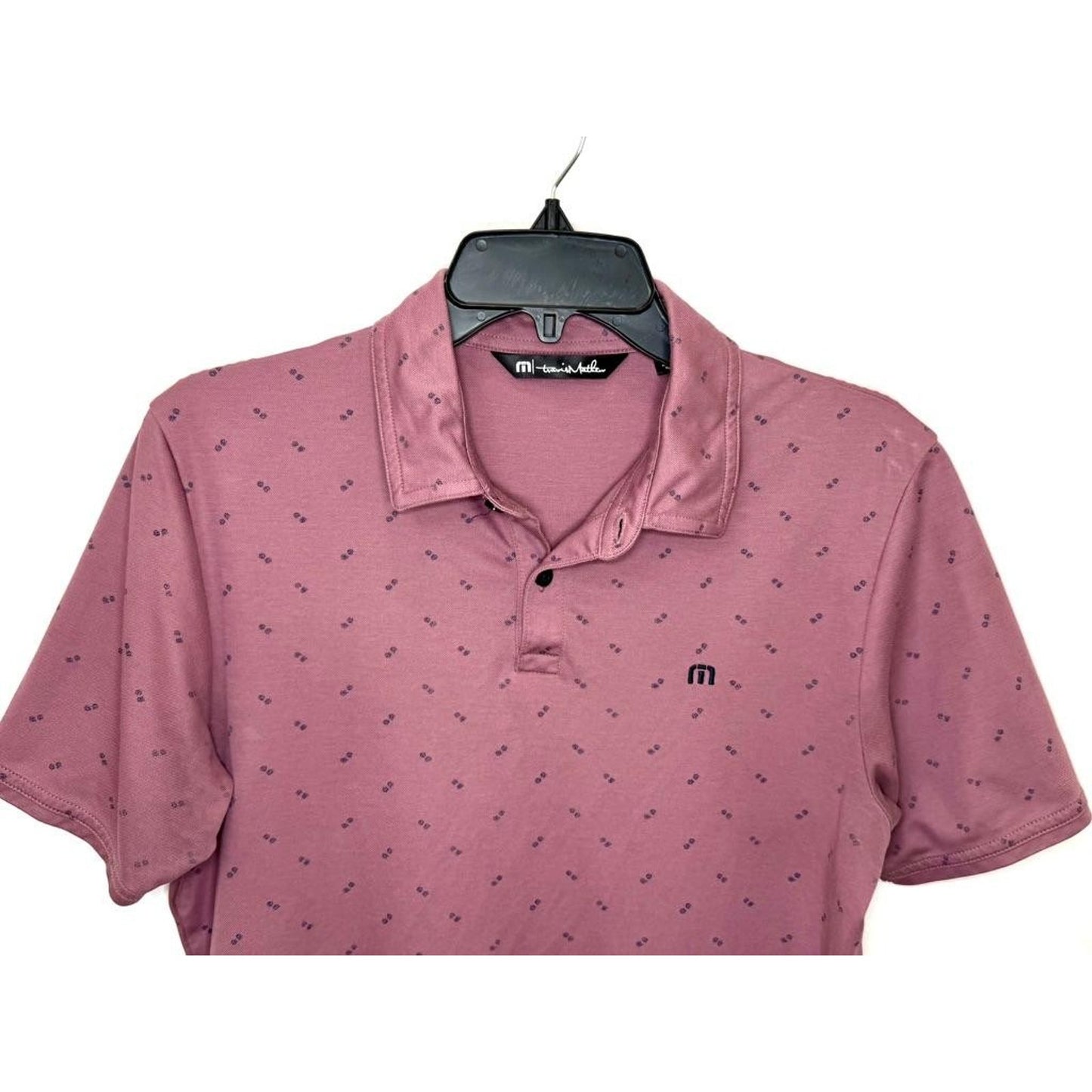 TravisMathew Polo Shirt Mens Small Pink Geometric Print Short Sleeve Golf Tee