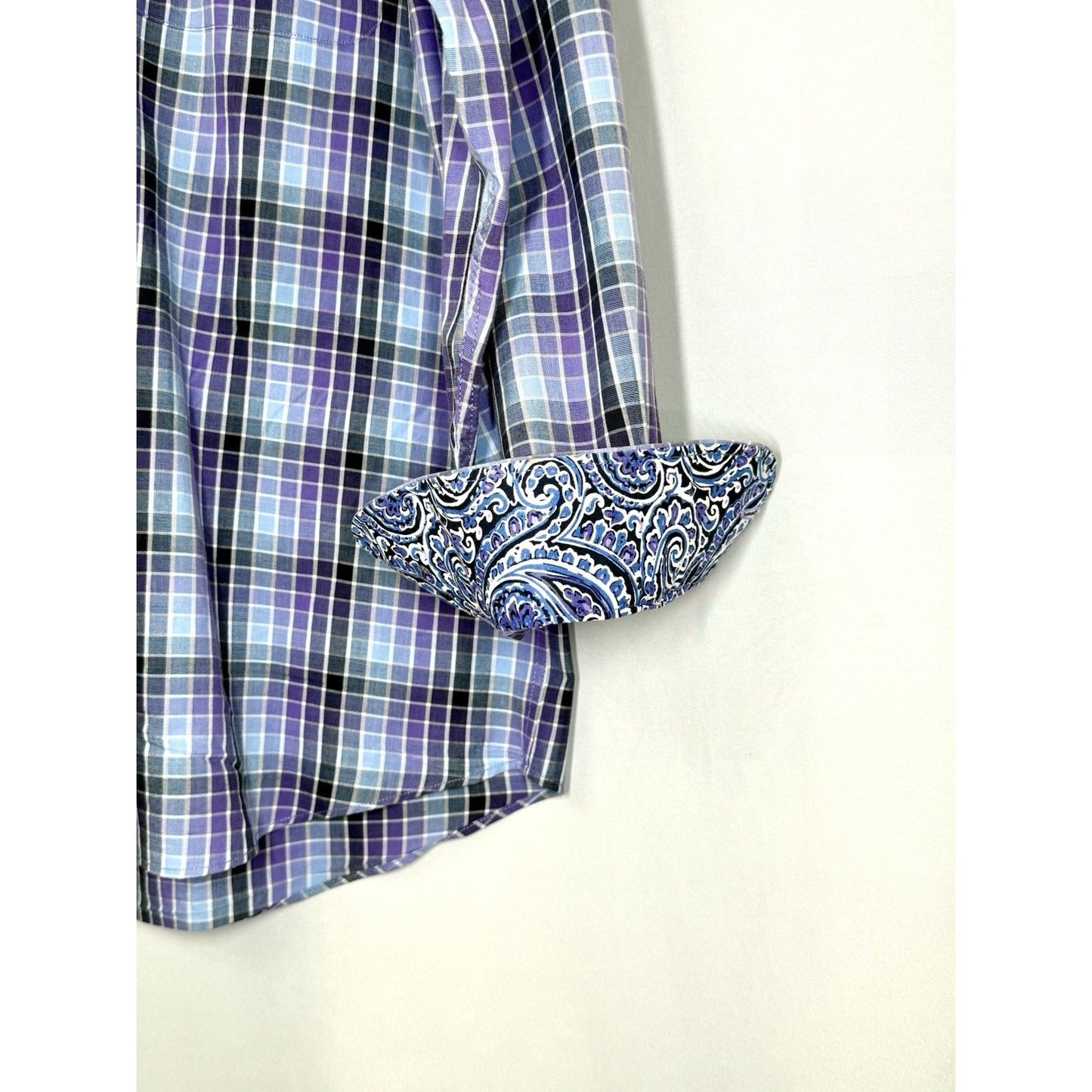 Alan Flusser Mens Medium M Purple Plaid Paisley Trim LS Button Front Sport Shirt