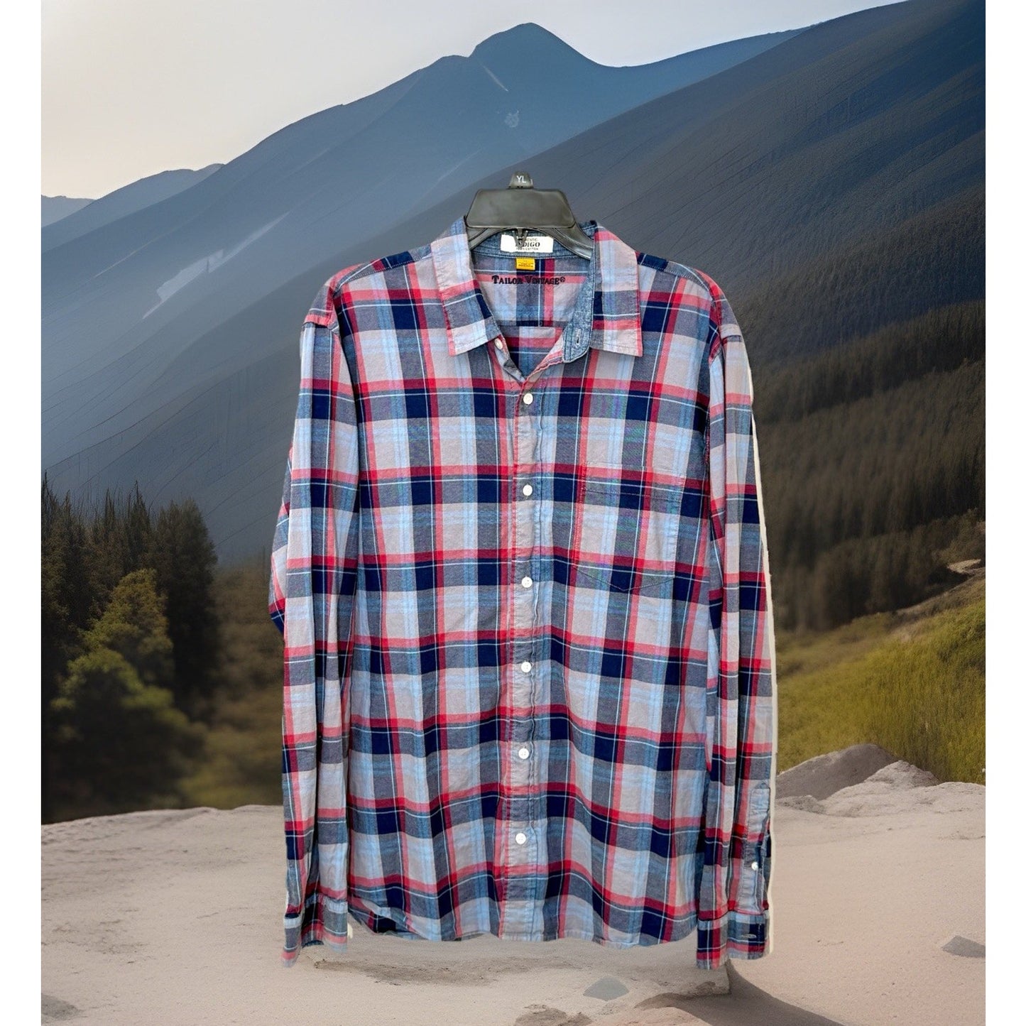 Taylor Vintage Indigo Shirt Blue Plaid L/S Button Up Pockets Cotton Men’s Sz XL