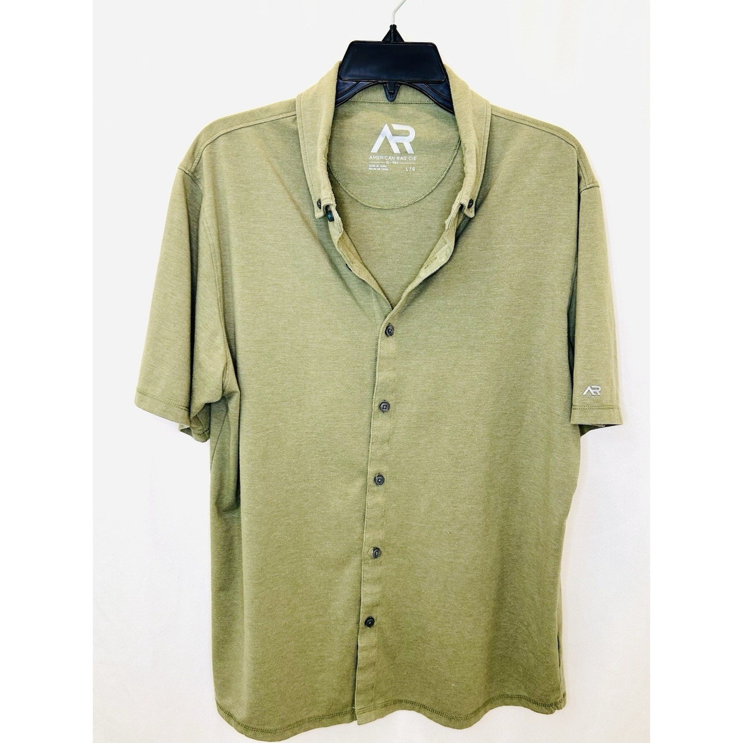 American Rag Mens Shirt Short Sleeve Snap Button Up Military Collar Green Sz L