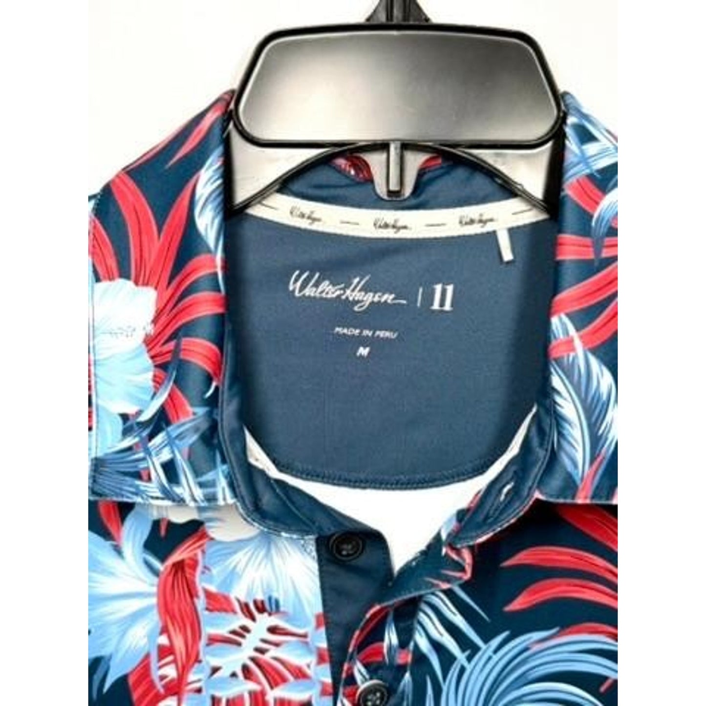Walter Hagen 11 Golf Polo Shirt Mens Medium Blue Red Floral Tropical Hibiscus