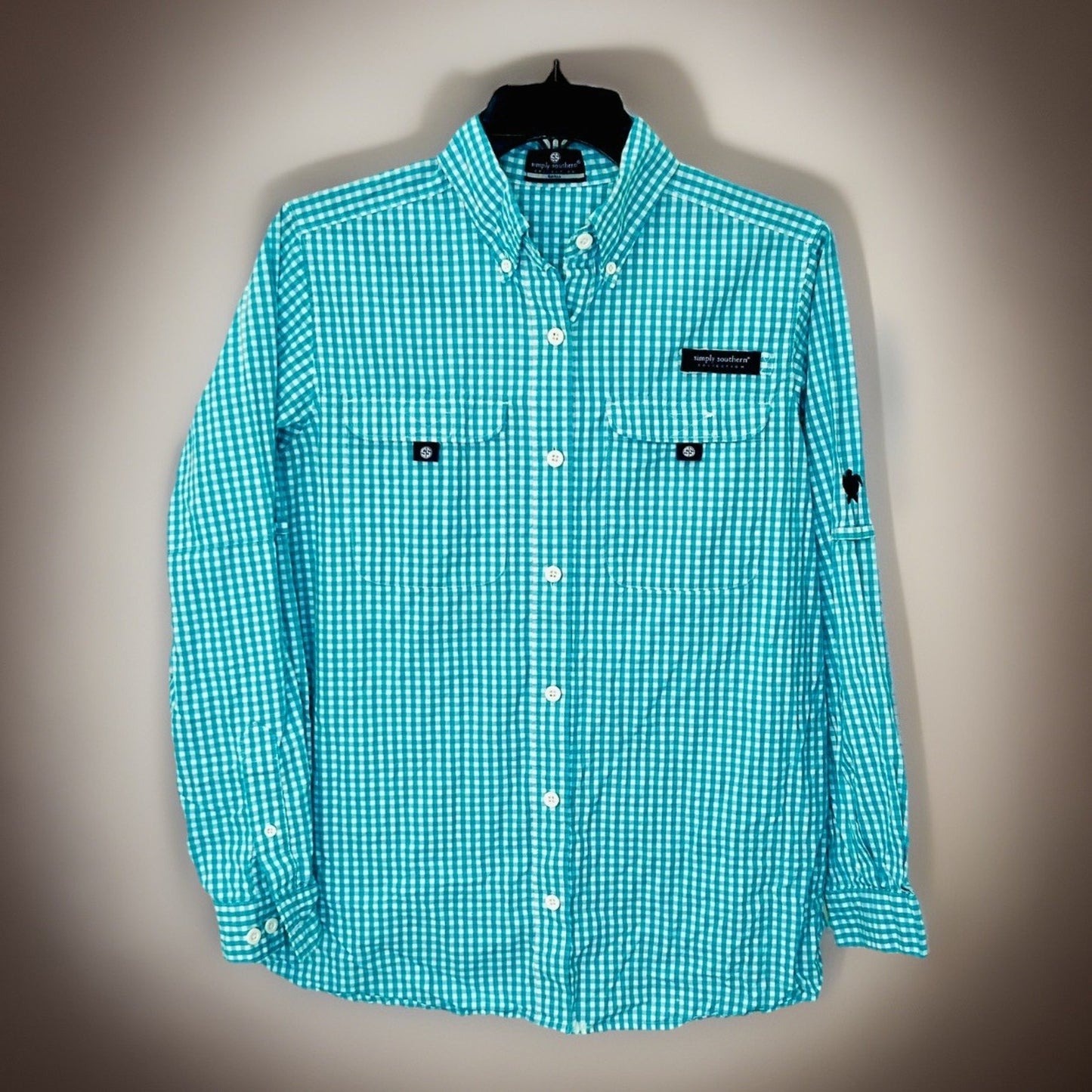 Simply Southern Button Down Shirt Mens Small Teal Green Plaid Logo Collared L/S