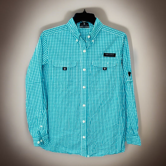 Simply Southern Button Down Shirt Mens Small Teal Green Plaid Logo Collared L/S