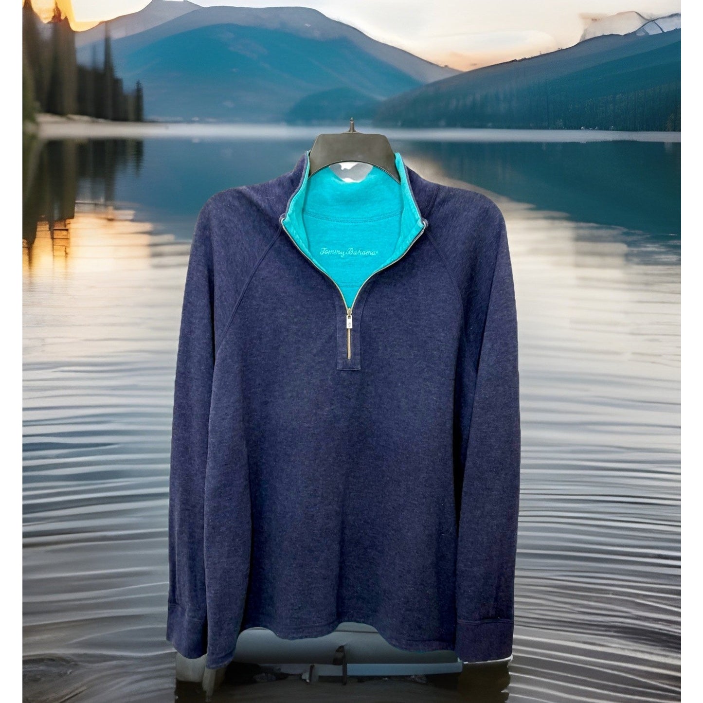 Tommy Bahama Flipshore Reversible Half Zip Pullover Women’s Large L Navy Teal