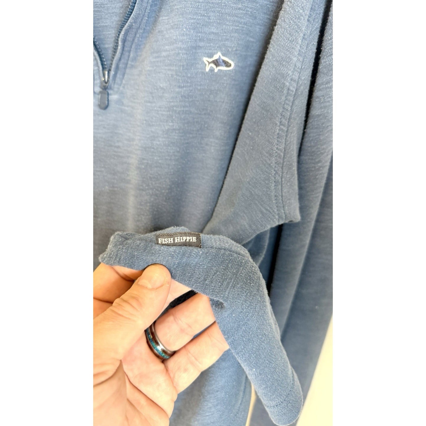Fish Hippie 1/4 Zip Pullover Large Sweater Jacket Preppy Embroidered Light Blue