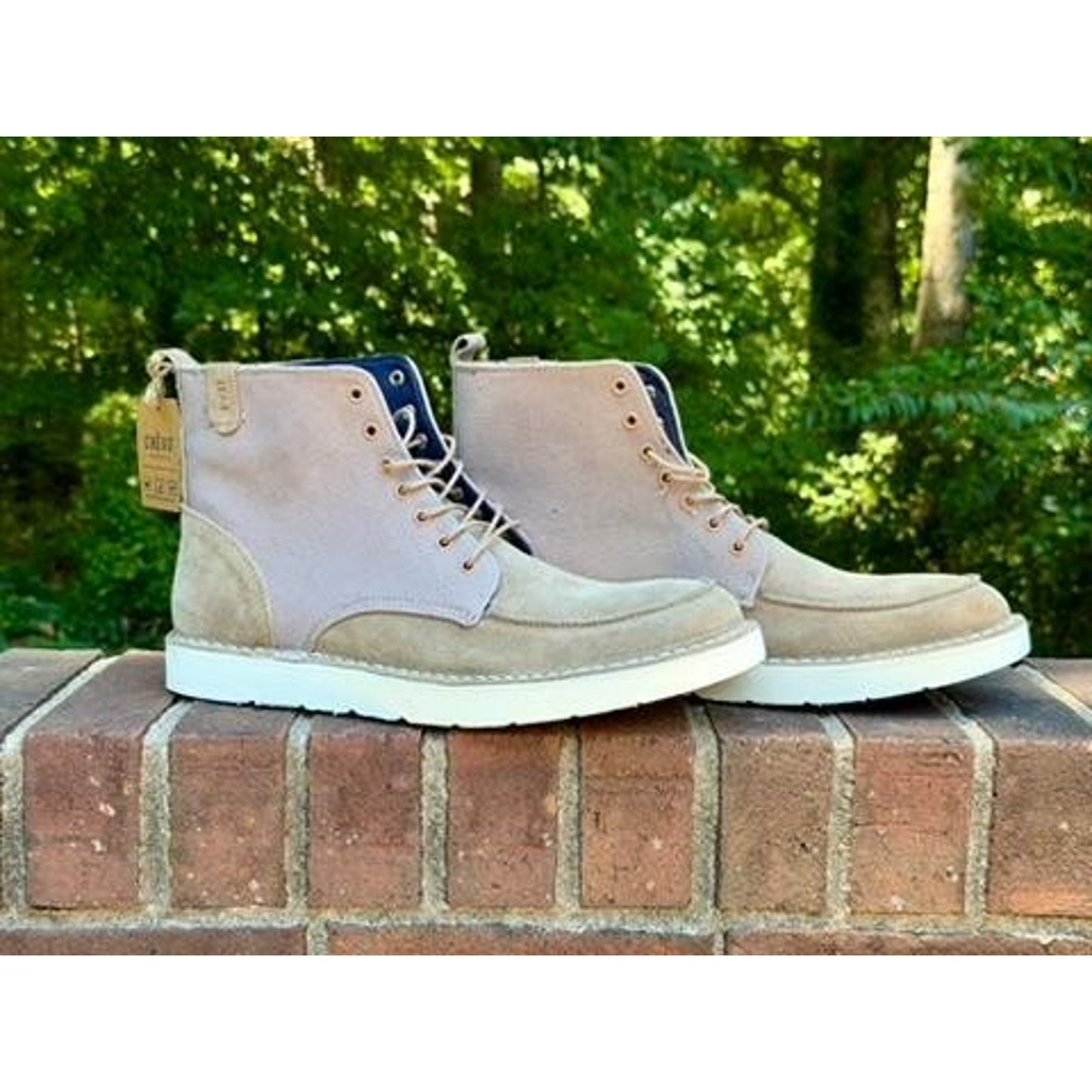 Crevo Mens Size 11.5 Suede Canvas Lace Up Boots Beige Tan Memory Foam Cushioned