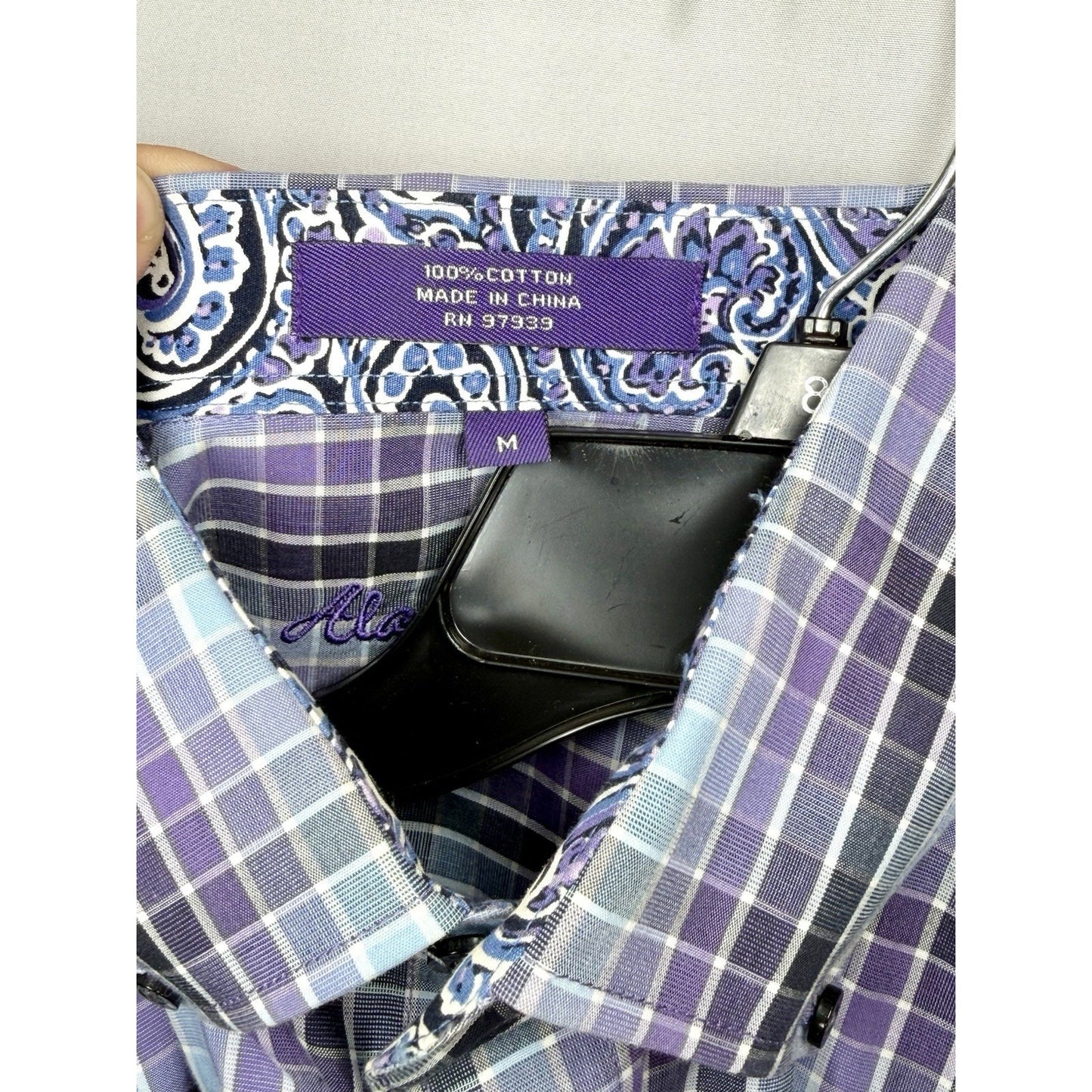 Alan Flusser Mens Medium M Purple Plaid Paisley Trim LS Button Front Sport Shirt