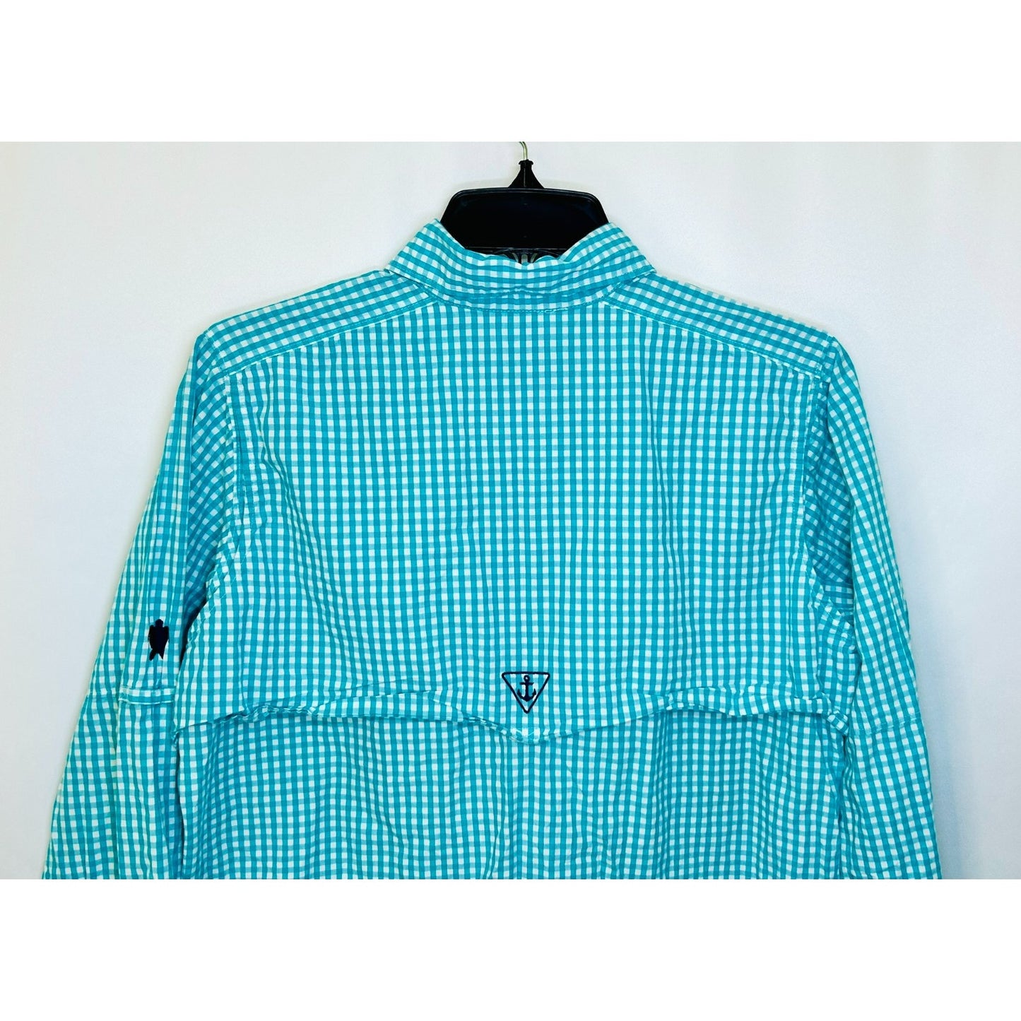 Simply Southern Button Down Shirt Mens Small Teal Green Plaid Logo Collared L/S