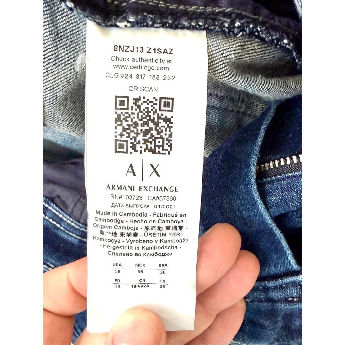 Armani Exchange J13 Slim Fit Jeans Mens Size 36 Dark Wash Blue Denim