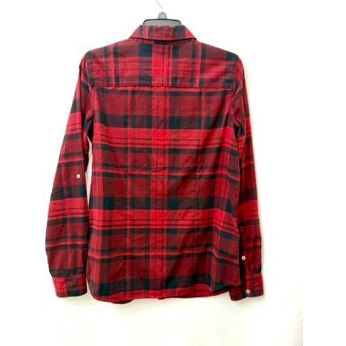 The North Face Flannel Shirt Womens Large Red Black Plaid Roll Tab Sleeve Cotton