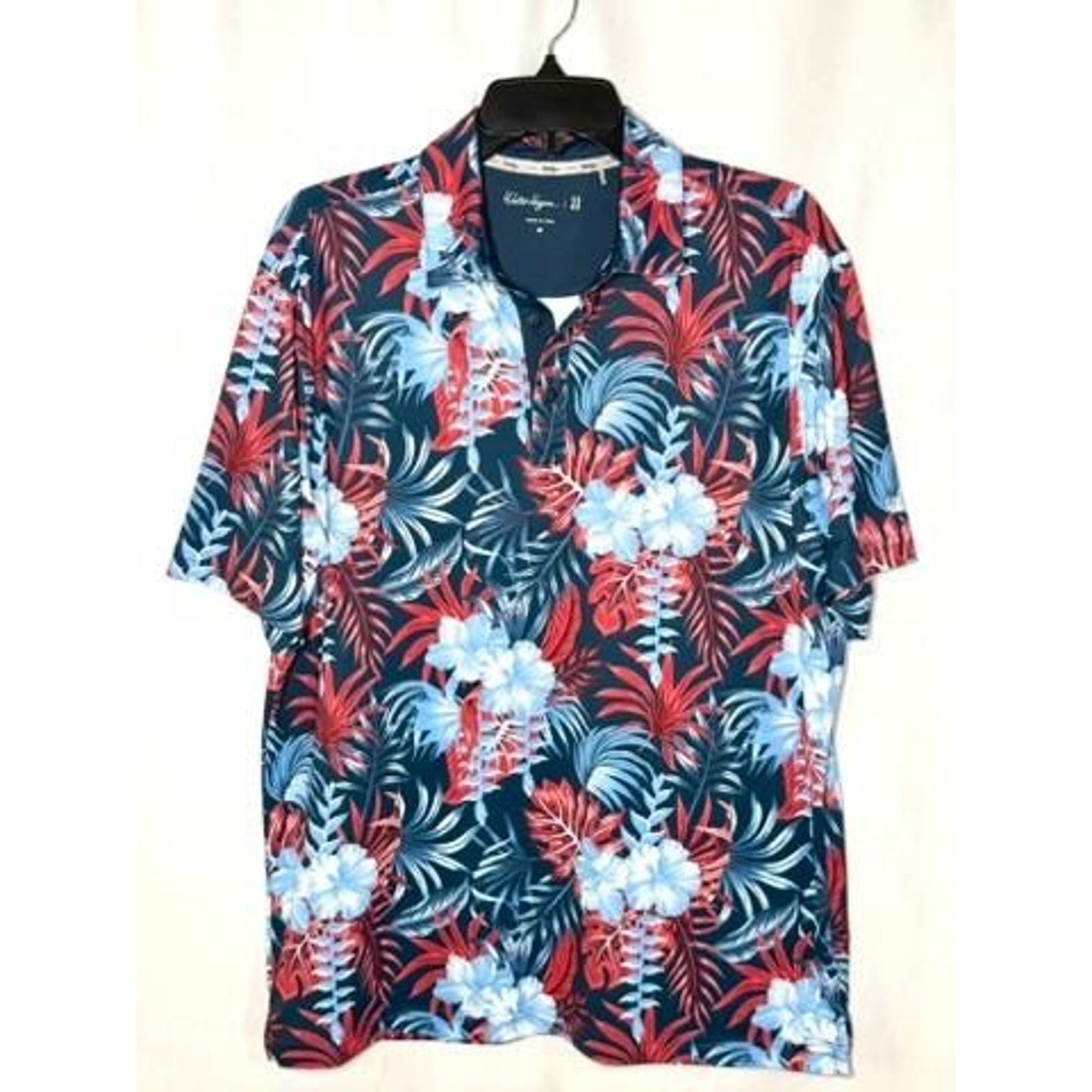 Walter Hagen 11 Golf Polo Shirt Mens Medium Blue Red Floral Tropical Hibiscus