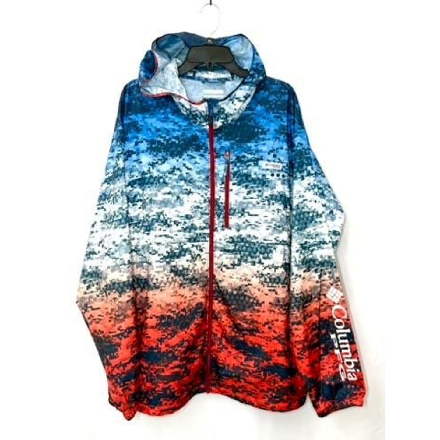 Columbia PFG Windbreaker Jacket Mens XXL Digital Camo Blue Red Full Zip Hooded